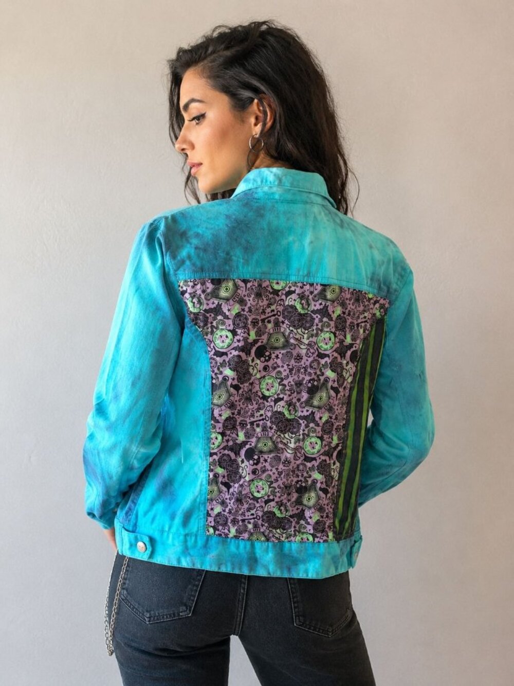 National Vintage Teal Tie Dye Hallowen Grundge Gothic Jean Jacket Size M Casual